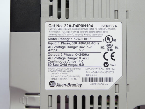 ALLEN BRADLEY 22A-D4P0N104 SER. A F/W 6.01 342-528VAC 5.7A NSNP