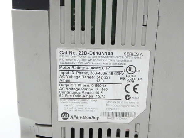 ALLEN BRADLEY 22D-D010N104 SER. A F/W 2.01 342-528VAC 13.0A NSNP