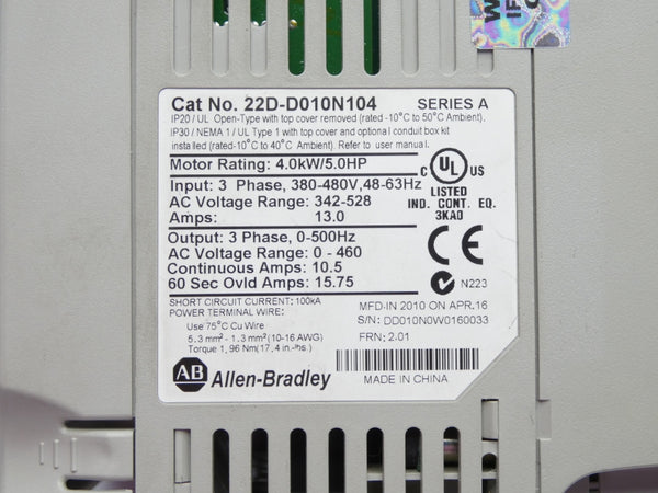 ALLEN BRADLEY 22D-D010N104 SER. A F/W 2.01 342-528VAC 13.0A (NO COVER) UNMP