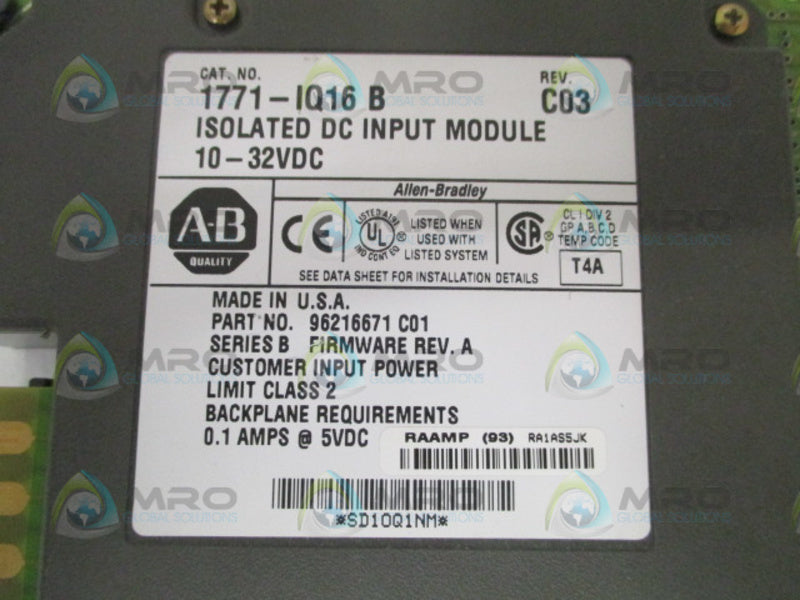 ALLEN BRADLEY 1771-IQ16 SER. B F/W A INPUT MODULE (REMANUFACTURED)
