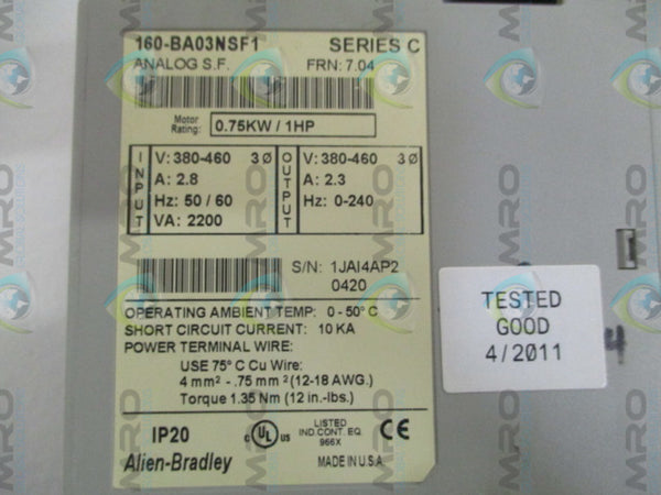 ALLEN BRADLEY 160-BA03NSF1 SER. C F/W 7.04 SPEED CONTROLLER (NO KEYPAD)  UNMP