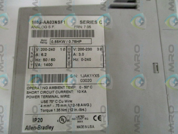 ALLEN BRADLEY 160S-AA03NSF1P1 SER. C F/W 7.05 SPEED CONTROLLER  UNMP