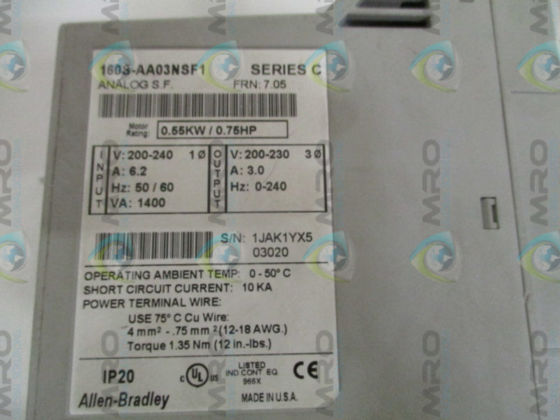 ALLEN BRADLEY 160S-AA03NSF1P1 SER. C F/W 7.05 SPEED CONTROLLER  UNMP