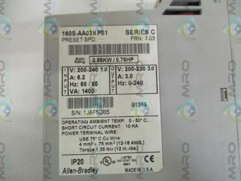 ALLEN BRADLEY 160S-AA03NPS1 SER. C F/W 7.03  UNMP