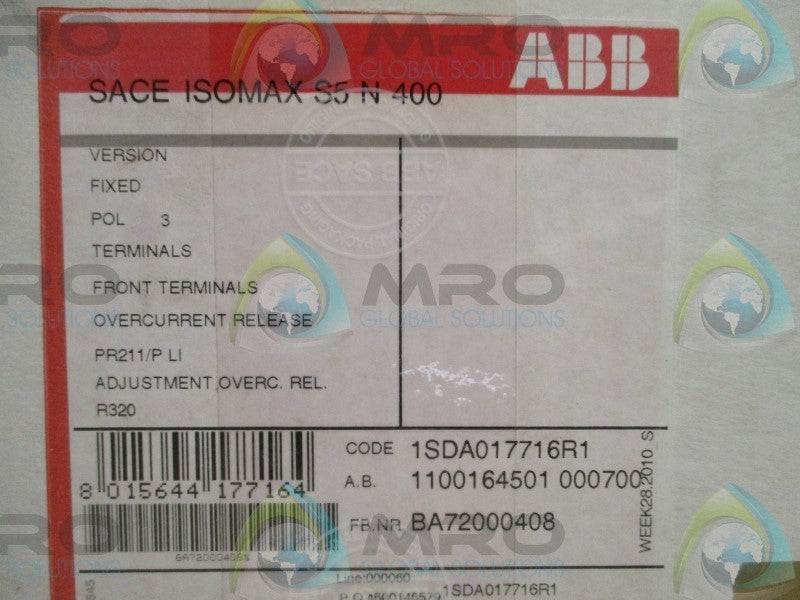 ABB SACE ISOMAXS5N400 1SDA017716R1 CIRCUIT BREAKER 400A  NSMP