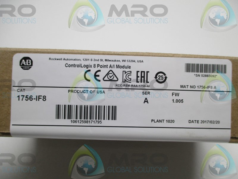 ALLEN BRADLEY 1756-IF8 SER. A F/W 1.005 DATE: 2017  NSFS