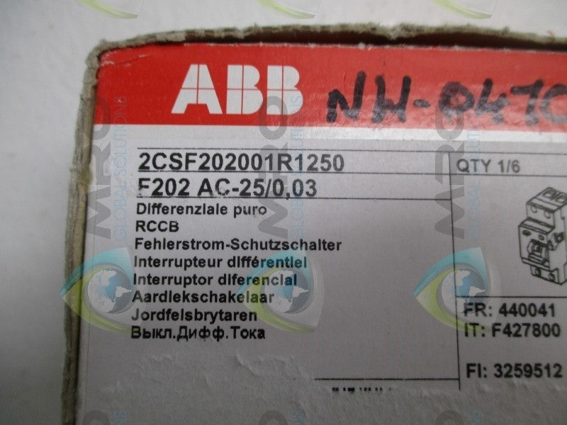ABB 2CSF202001R1250 F202AC-25/0,03 CIRCUIT BREAKER 25A  NSFS
