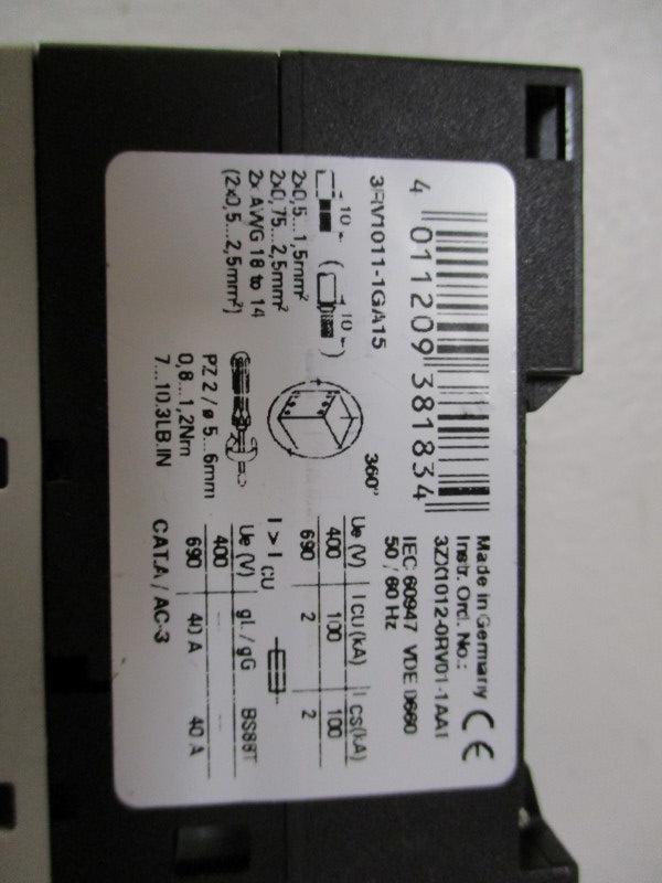 SIEMENS 3RV1011-1GA15 CIRCUIT BREAKER 4,5-6,3A  UNMP