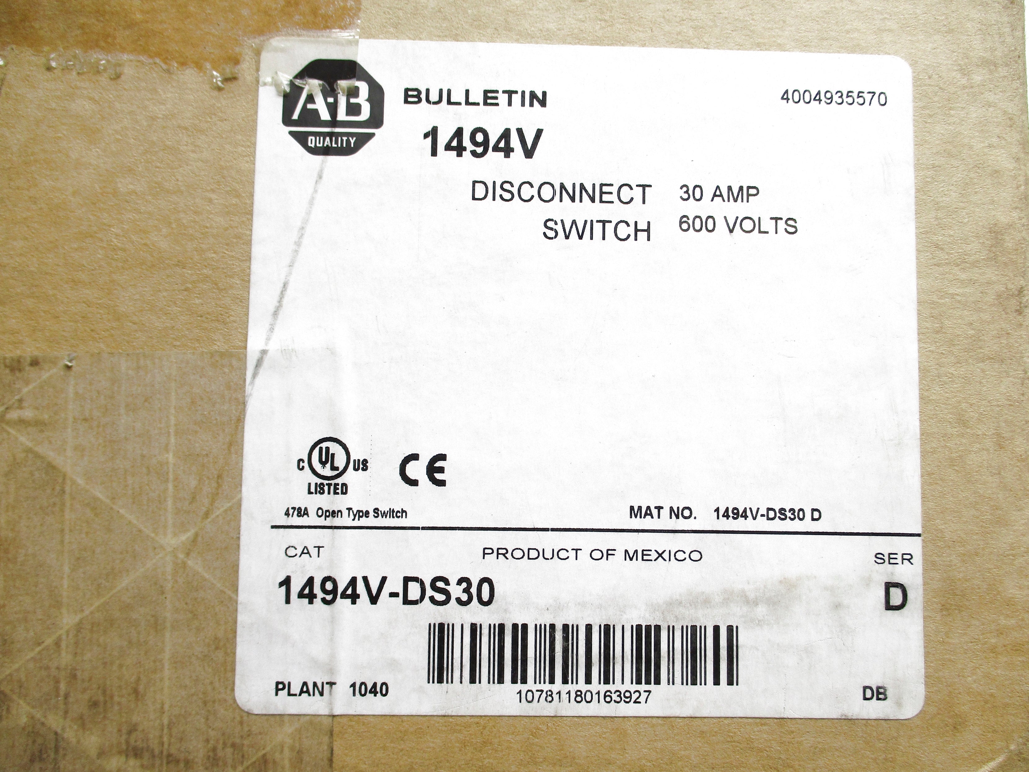 ALLEN BRADLEY 1494V-DS30 SER. D 600V 30A (BR/WH) NSMP