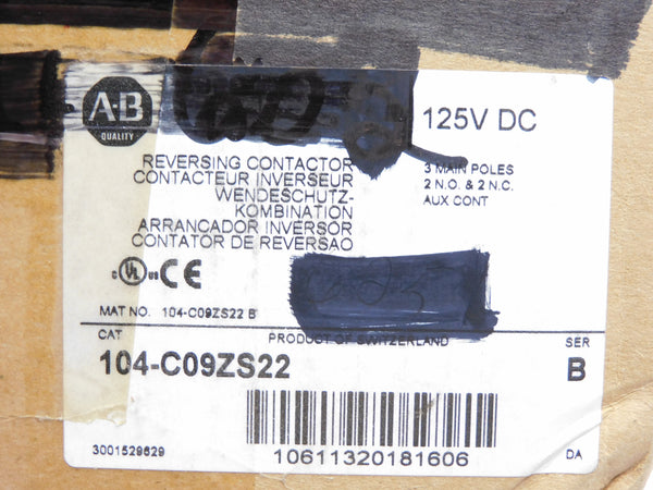 ALLEN BRADLEY 104-C09ZS22 SER. B 125VDC (BR/WH) NSMP