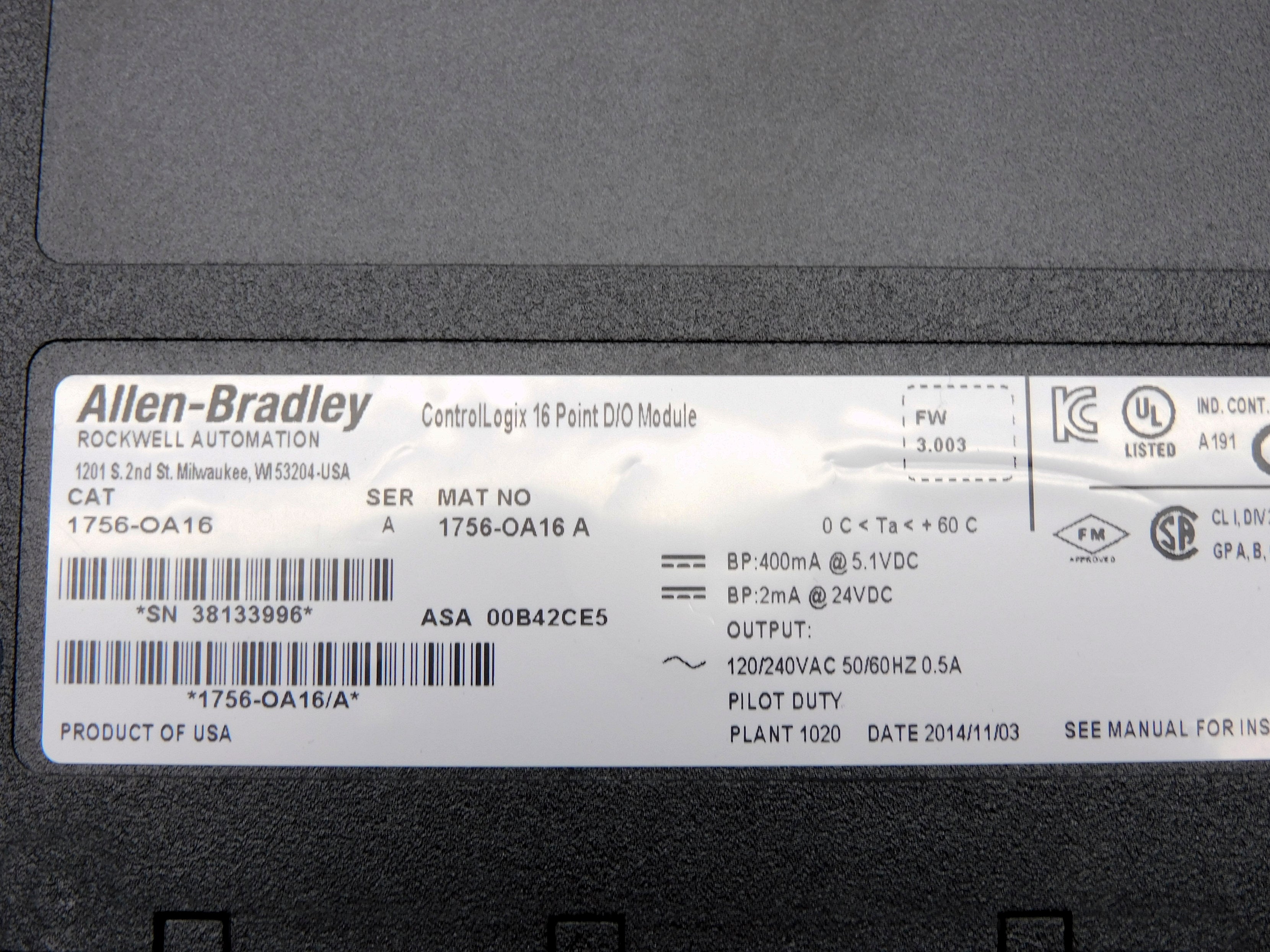 ALLEN BRADLEY 1756-OA16 SER. A F/W 3.003 120/240VAC NSMP