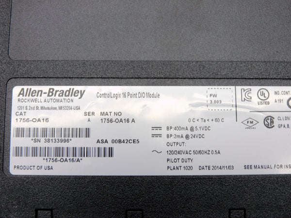 ALLEN BRADLEY 1756-OA16 SER. A F/W 3.003 120/240VAC NSMP