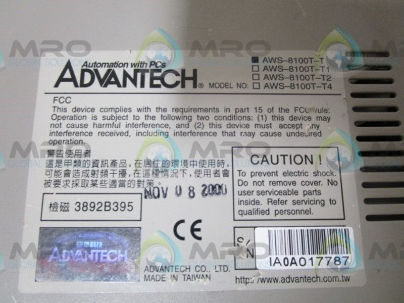 ADVANTECH AWS-8100T-T OPERATOR INTERFACE DISPLAY  UNMP