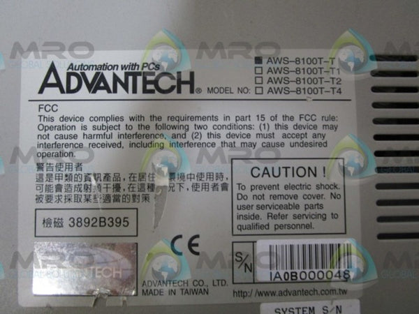 ADVANTECH AWS-8100T-T OPERATOR INTERFACE DISPLAY (AS PICTURED)  UNMP
