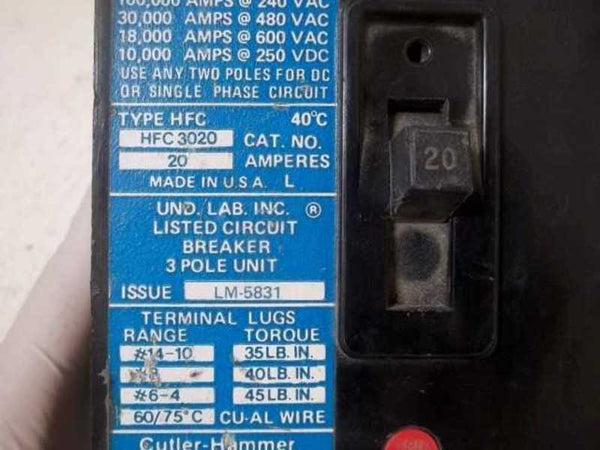 CUTLER HAMMER HFC3020 CIRCUIT BREAKER 20A  UNMP
