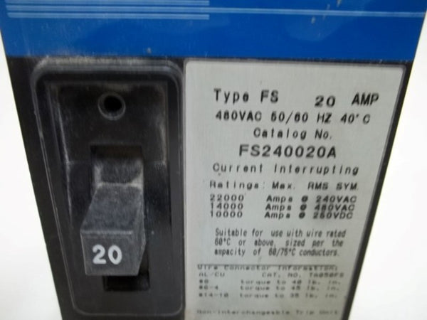 THOMAS & BETTS FS240020A CIRCUIT BREAKER 480VAC 20AMP  UNMP