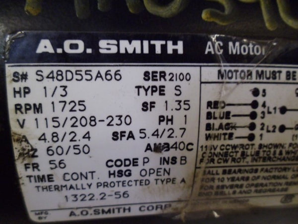 A.O. SMITH TYPE S 1322.2-56 AC MOTOR HP 1/3 RPM 1725  UNMP