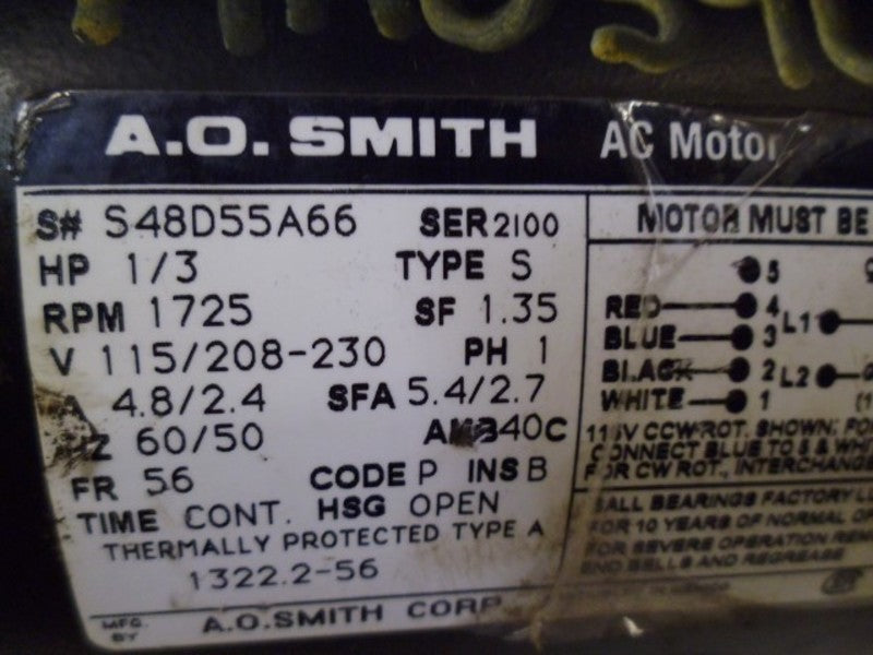 A.O. SMITH TYPE S 1322.2-56 AC MOTOR HP 1/3 RPM 1725  UNMP