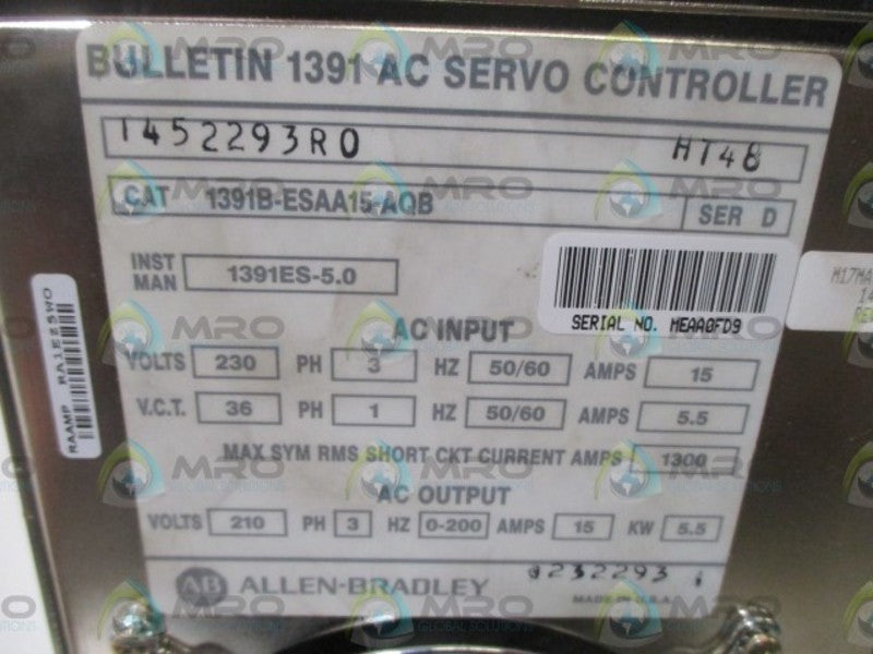 ALLEN BRADLEY 1391B-ESAA15-AQB SER.D AC SERVO CONTROLLER  NSNP