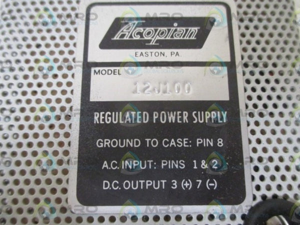 ACOPIAN 12J100 REGULATED POWER SUPPLY  UNMP
