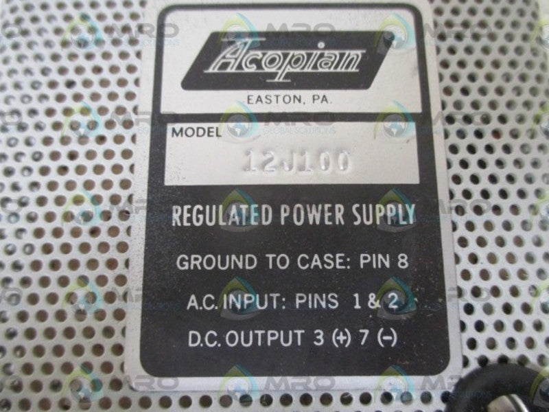 ACOPIAN 12J100 REGULATED POWER SUPPLY  UNMP