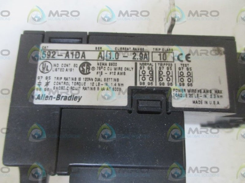 ALLEN BRADLEY 592-A1DA SER.A OVERLOAD RELAY 1.0-2.9A  UNMP