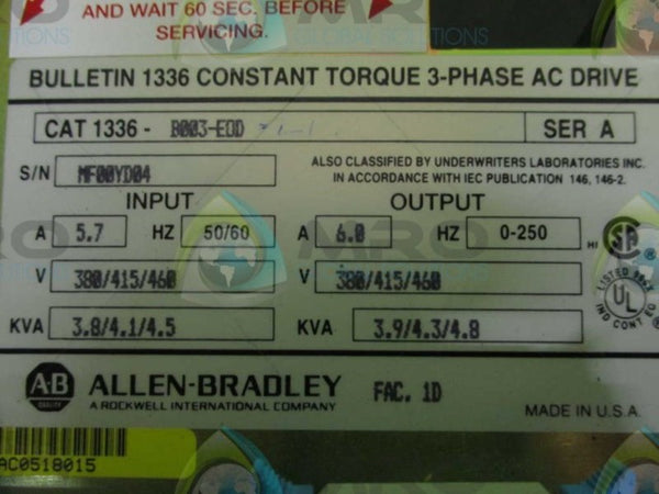 ALLEN BRADLEY 1336-B003-EOD SER. A AC DRIVE  NSNP