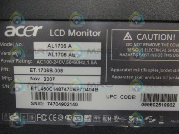 ACER AL1706A LCD MONITOR  UNMP