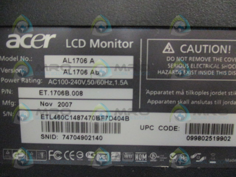 ACER AL1706A LCD MONITOR  UNMP