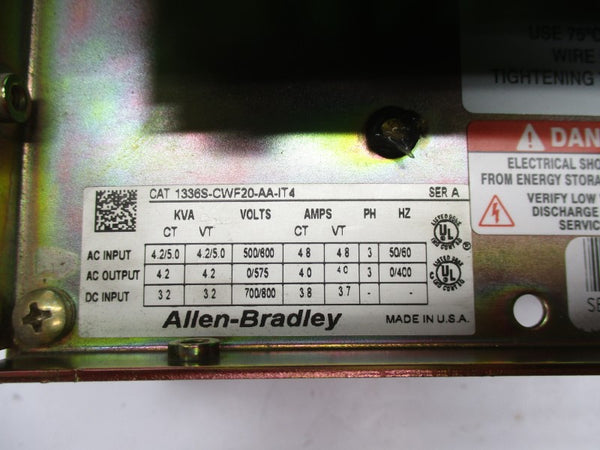 ALLEN BRADLEY 1336S-CWF20-AA-IT4 SER. A 700/800VDC 4.8A (MISSING COVER) UNMP