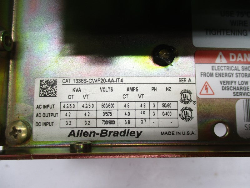 ALLEN BRADLEY 1336S-CWF20-AA-IT4 SER. A 700/800VDC 4.8A (MISSING COVER) UNMP