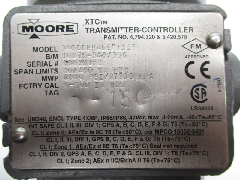 MOORE 340DDBHAEC5Y113 42VDC 0-100INH2O UNMP