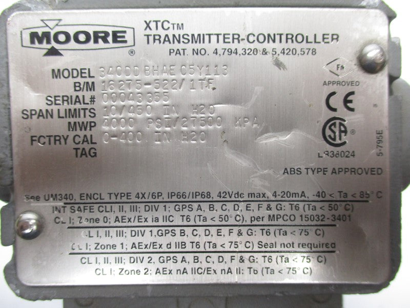 MOORE 340DDBHAEC5Y113 42VDC 0-400INH2O UNMP