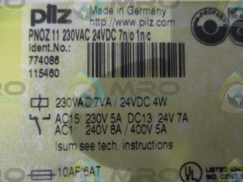 PILZ PNOZ11230VAC24VDC7n/o1n/c SAFETY RELAY 230VAC 24VDC  UNMP