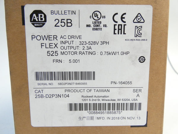 ALLEN BRADLEY 25B-D2P3N104 SER. A F/W 5.001 323-528V 2.3A DATE: 2018 NSFS
