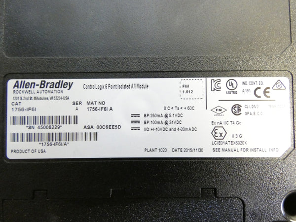 ALLEN BRADLEY 1756-IF6I SER. A F/W 1.012 24VDC NSMP