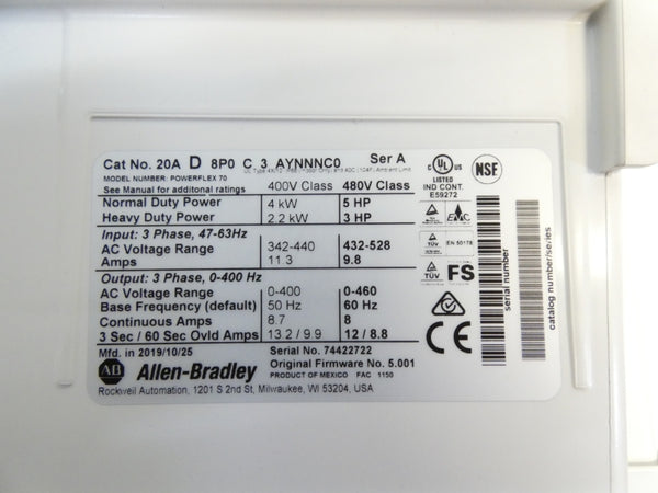ALLEN BRADLEY 20AD8P0C3AYNNNC0 SER. A F/W 5.001 480VAC 8A NSMP