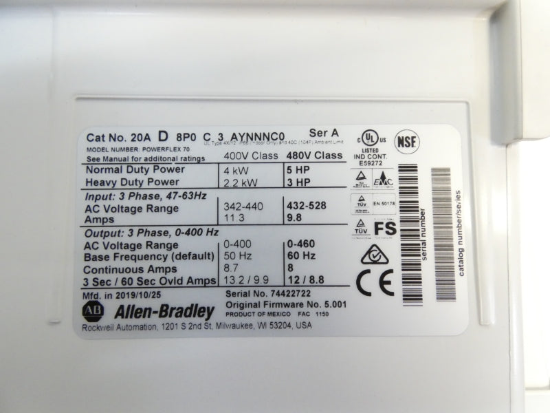 ALLEN BRADLEY 20AD8P0C3AYNNNC0 SER. A F/W 5.001 480VAC 8A NSMP