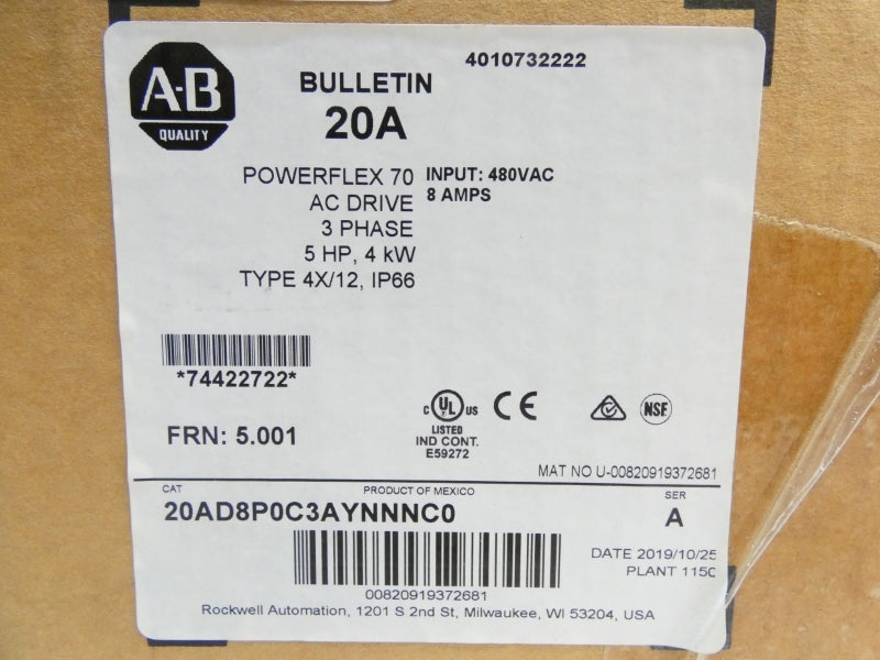 ALLEN BRADLEY 20AD8P0C3AYNNNC0 SER. A F/W 5.001 480VAC 8A NSMP