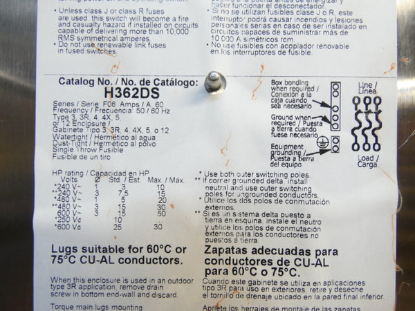 SQUARE D H362DS SER. F06 600V 60A NSMP