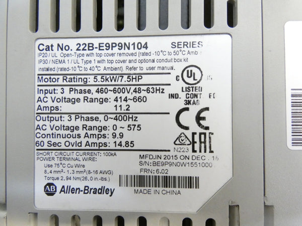 ALLEN BRADLEY 22B-E9P9N104 SER. A F/W 6.02 460-600V 11.2A UNMP