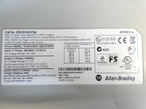 ALLEN BRADLEY 25B-E032N104 SER. A F/W 1.003 460-600V 40.5A UNMP