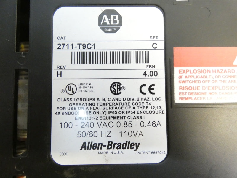 ALLEN BRADLEY 2711-T9C1 SER. C F/W 4.00 REV. H 100-240VAC 0.85-0.46A UNMP