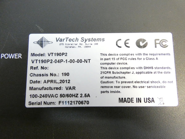 VARTECH VT190P2 VT190P2-04P-1-00-00-NT 100-240VAC 2.5A UNMP
