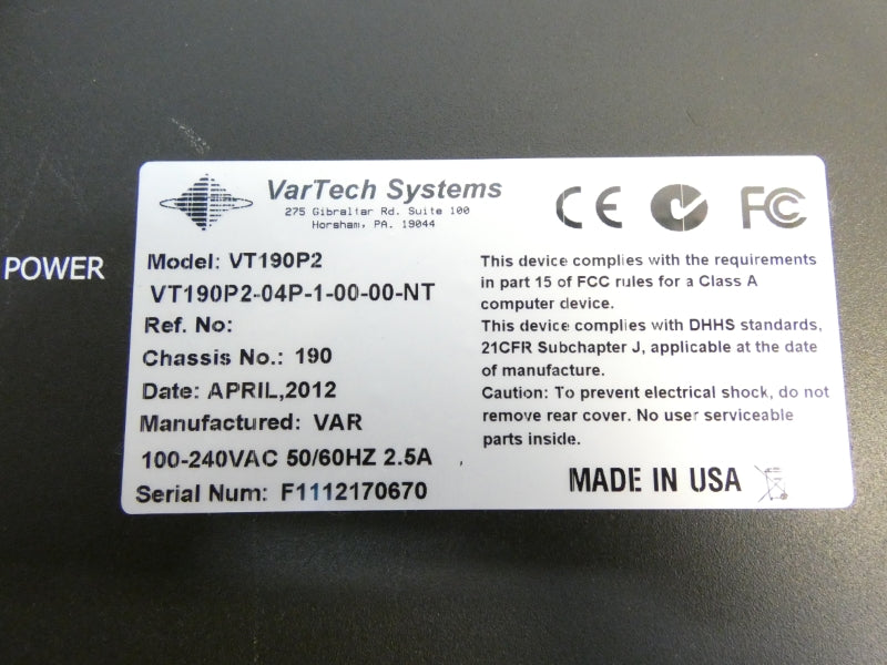 VARTECH VT190P2 VT190P2-04P-1-00-00-NT 100-240VAC 2.5A UNMP