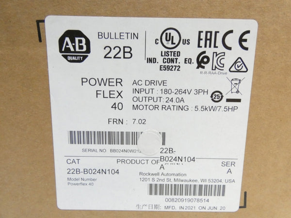 ALLEN BRADLEY 22B-B024N104 SER. A F/W 7.02 180-264V 24.0A NSFS