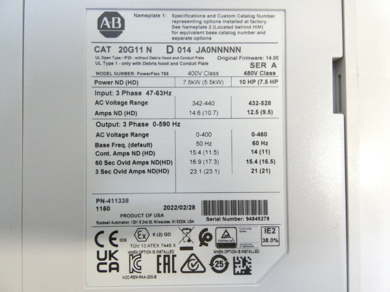 ALLEN BRADLEY 20G11ND014JA0NNNNN SER. A F/W 14.005 480VAC 22A NSMP