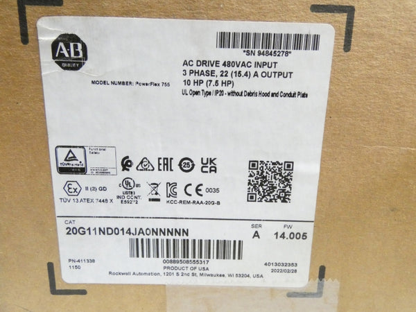 ALLEN BRADLEY 20G11ND014JA0NNNNN SER. A F/W 14.005 480VAC 22A NSMP
