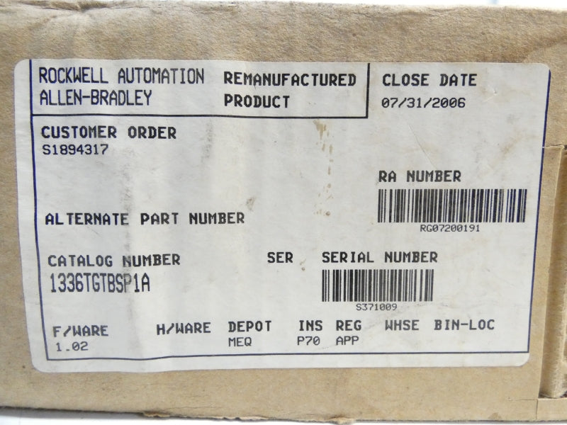 ALLEN BRADLEY 1336T-GTB-SP1A F/W 1.02 REMAN