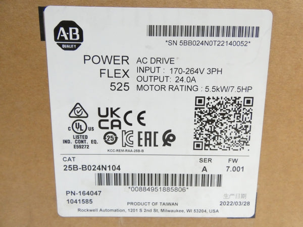 ALLEN BRADLEY 25B-B024N104 SER. A F/W 7.001 170-264V 24.0A DATE: 2022 NSFS